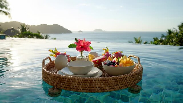 Floating wicker tray with assorted tropical fruits, a flower vase, and bowls, positioned in a serene infinity pool overlooking a tranquil ocean landscape at sunrise