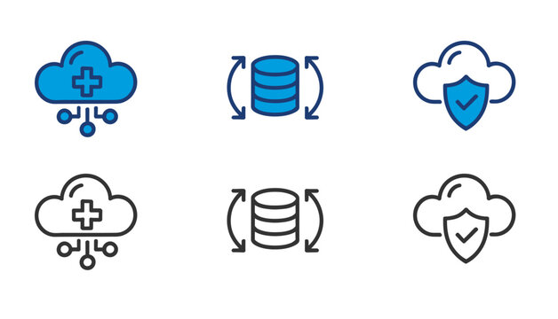 Cloud services icon set data protection backup and database synchronization solutions