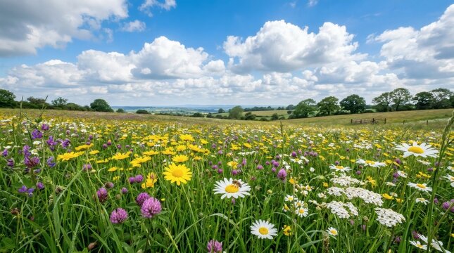 Vibrant wildflower meadow with a variety of colorful blossoms under a bright blue sky with clouds.