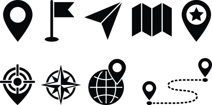 Map navigation and location pin icon set featuring gps compass route globe arrow and folded map