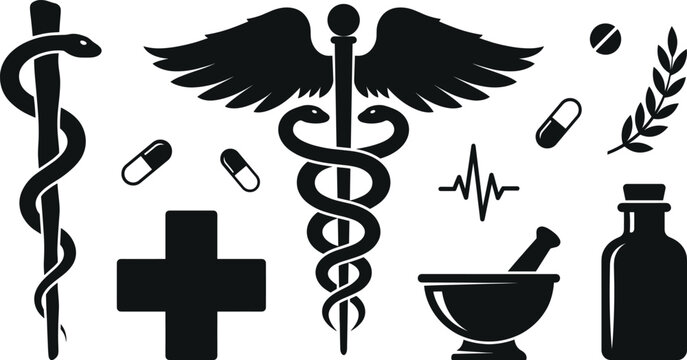 Medical and pharmacy healthcare black silhouette icon set featuring caduceus rod of asclepius cross pills mortar and pestle