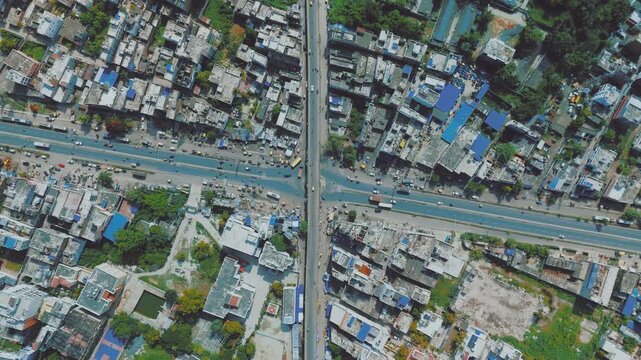 4K Aerial Top down Buildings and Apartment with Multiple Building aerial. Urban Buildings and Apartment at bridge road at Delhi. Cinematic cityscape drone shot. Noida Buildings.