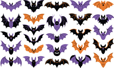 Fototapeta premium Cute halloween bat characters collection with funny facial expressions and various colors