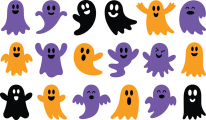 Fototapeta premium Set of Halloween ghosts with various facial expressions and colors isolated on white background