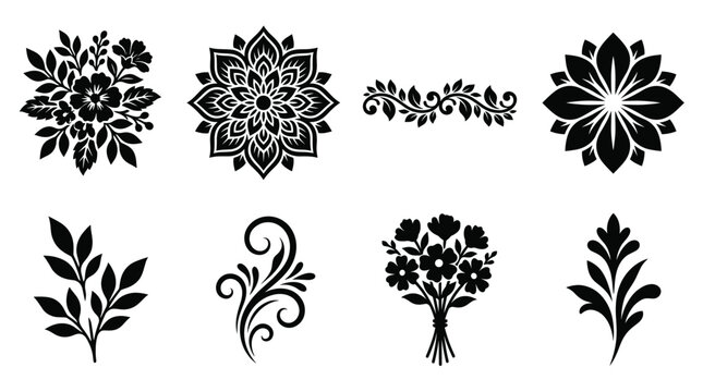Collection of eight decorative floral featuring flowers, leafy branches, and symmetrical mandala patterns