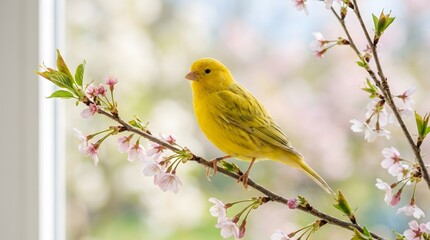 Fototapeta premium Yellow canary bird on a blooming branch. Small pet songbird in spring.