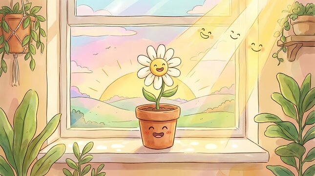 Cartoon daisy in pot on sunny cartoon windowsill