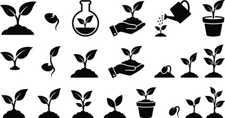 Plant growth and agriculture farming icon set featuring sprout seed sprout watering can pot and lab flask © Bahadur