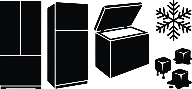 Refrigerator cooling and household kitchen freezer icon set featuring multi door fridge chest freezer and ice cubes
