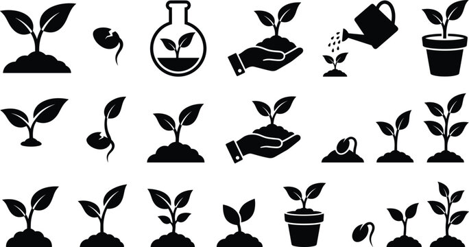 Plant growth and agriculture farming icon set featuring sprout seed sprout watering can pot and lab flask