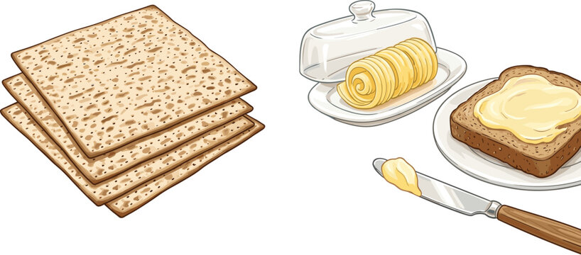 Traditional Jewish Matzo Bread Stack with Butter Dish and Spread Toast Vector Illustration for Passover Holiday and Kosher Food Concepts
