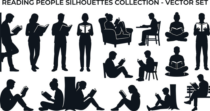 Collection of reading people silhouettes featuring diverse poses and settings