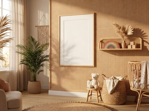 Bohemian nursery interior with rattan wall texture and blank mockup frame.