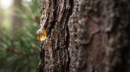 Fototapeta premium A detailed close-up shot of a golden pine resin droplet oozing from the rugged bark texture of an ancient evergreen tree in a forest
