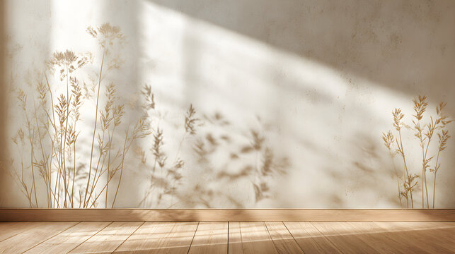 Minimalist interior room wall with dried grass plants casting soft shadows on a beige textured surface with wooden floor boards
