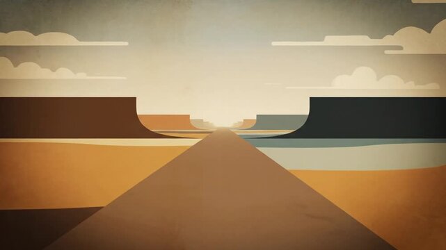 A minimalist illustration of a vast desert landscape at sunset