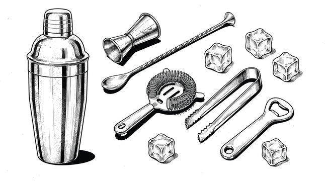Bartender cocktail shaker and bar tools set featuring jigger strainer spoon tongs bottle opener and ice cubes hand drawn sketch vector illustration.