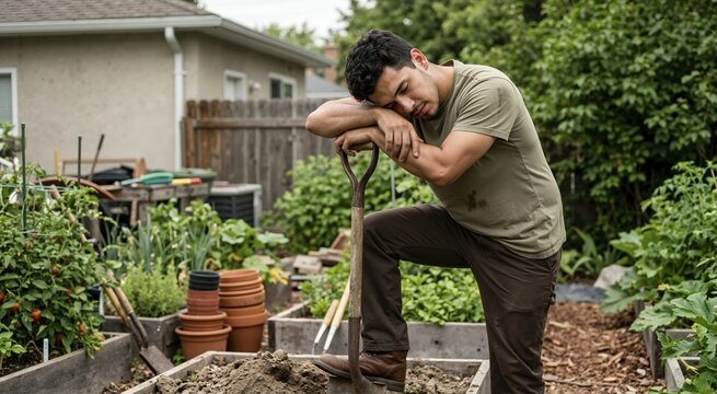 Tired young Hispanic gardener resting head on shovel handle in backyard. Exhausted man taking a break from hard physical labor in garden
