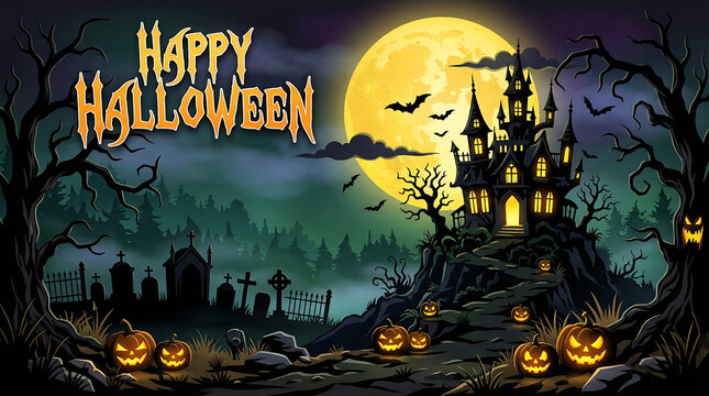 Halloween background with pumpkin and full moon