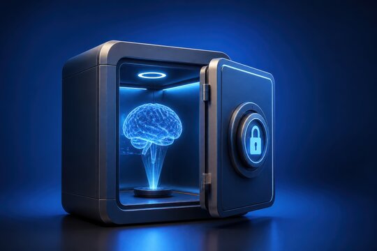 AI brain secured inside open safe concept for data privacy and cyber protection