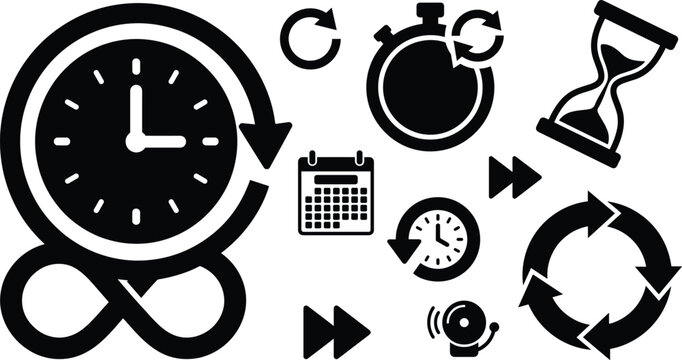 Time management and infinite clock black silhouette icon set featuring stopwatch hourglass calendar alarm bell and circular arrows