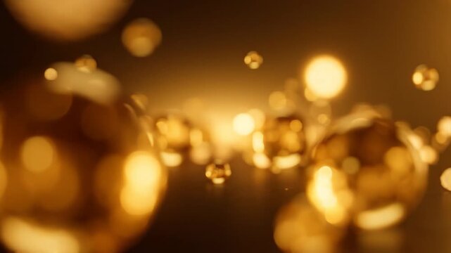 Golden spheres and bubbles float gracefully in a soft, illuminated environment, creating a mesmerizing visual effect with light reflections and depth perception