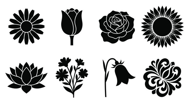 Collection of black silhouette featuring various flowers like roses, sunflowers, lotus, and floral patterns