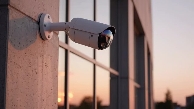 Security camera mounted on a concrete wall captures sunset reflections in glass windows, showcasing modern surveillance technology in an urban environment