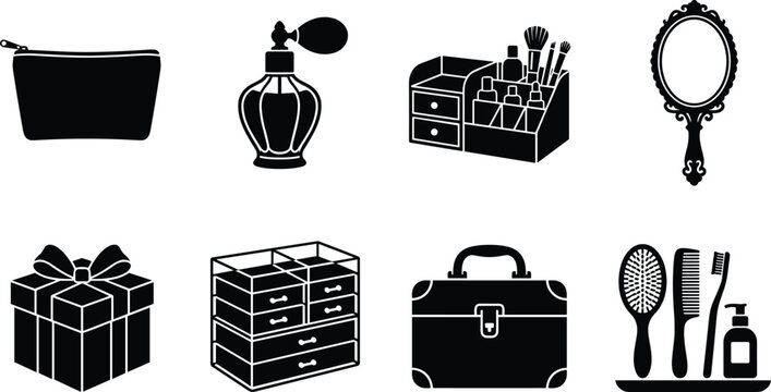 Cosmetic, Grooming, and Storage Silhouette Icon Set