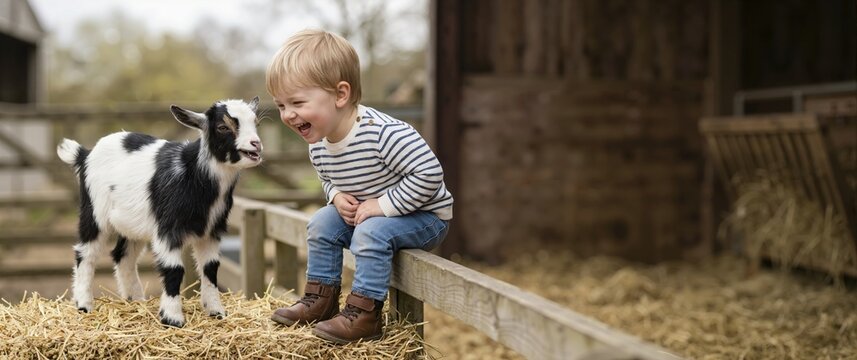 Toddler boy laughing at a funny expression on a baby goat's face. Happy child interacting with farm animal in a barn