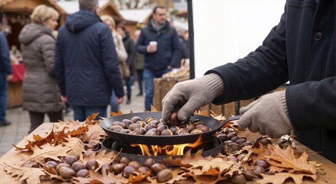 Roasting chestnuts in a pan over an open flame. Outdoor autumn market with dry leaves and blurred crowd in background