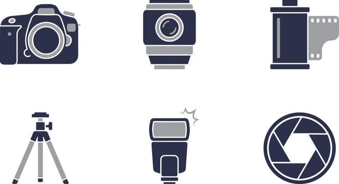 Photography equipment icons set showing camera lens film roll tripod flash and aperture blade vector sign.