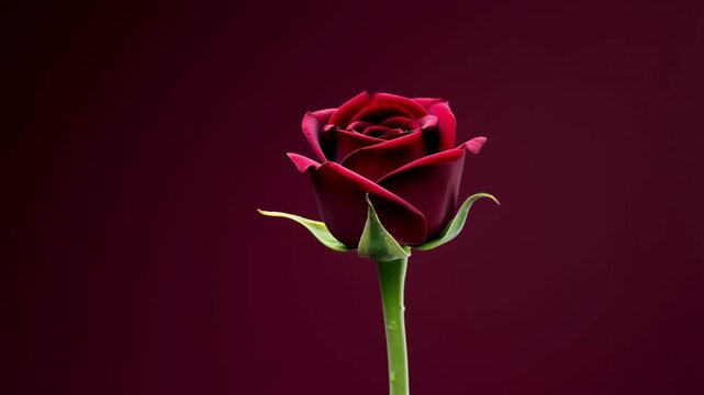 Static shot of elegant red rose slowly blooming on dark burgundy background with green stem