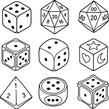 Set of tabletop gaming dice outlines including d20 d10 d6 and d4