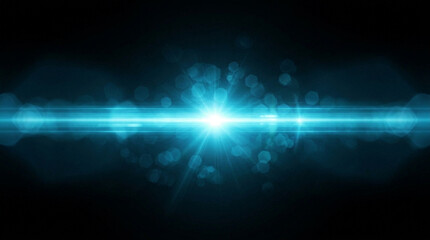 Fototapeta premium Bright blue light flare effect with glowing particles and streaks on a dark black background
