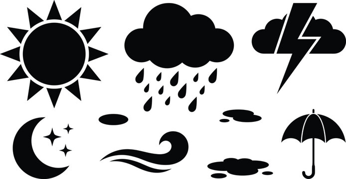 Weather forecast and meteorology climate icon set featuring sun rain cloud lightning moon wind and umbrella