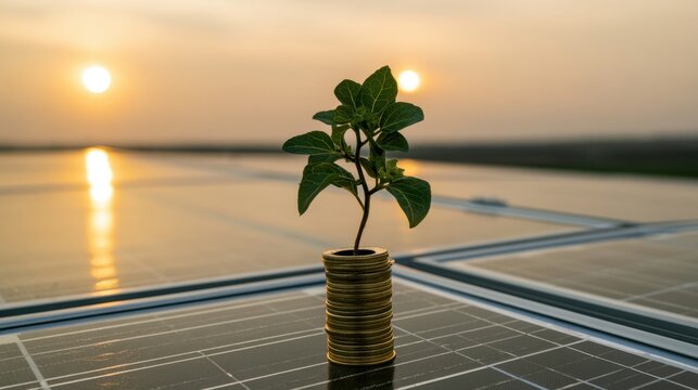 Young green plant growing from stack of golden coins on solar panel with sunset background symbolizing sustainable investment and eco-friendly financial growth concept