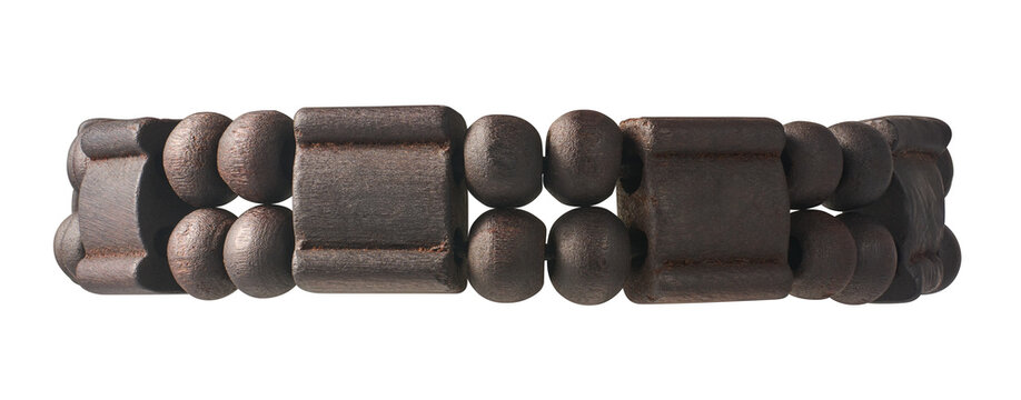 dark brown wooden bead bracelet isolated white background, alternating round and rectangular carved wood pieces in macro close-up side view