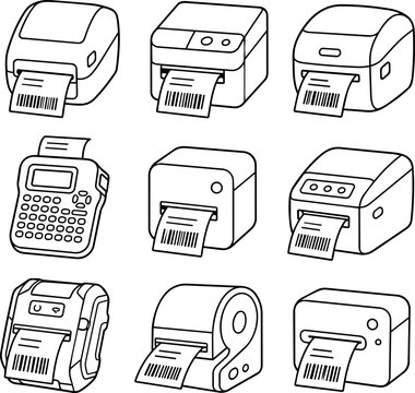 Set of thermal label printers and handheld label maker line art