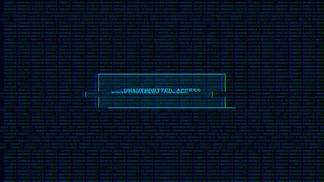 Glitching unauthorized access screen with binary code background and digital errors.