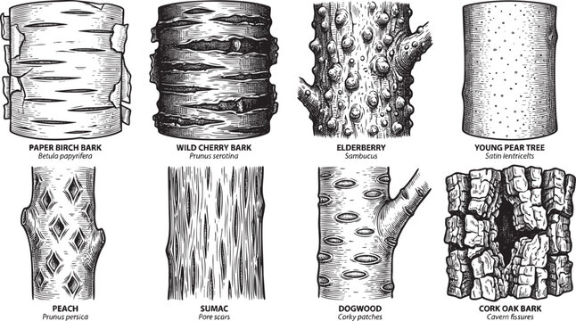 Tree Bark Texture Types and Botanical Lenticel Structures Engraving