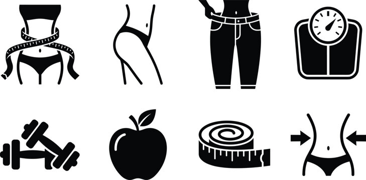 Weight loss and fitness diet icon set featuring measuring tape slim waist dumbbells apple and scale
