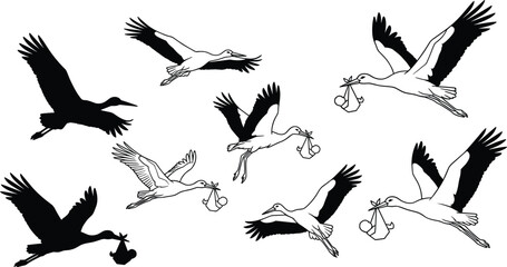 Obraz premium Flying stork bird carrying baby bundle silhouette collection for shower invitations pregnancy announcement and newborn arrival vector illustration