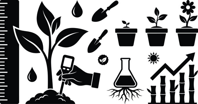 Agriculture science and smart farming black silhouette icon set with plant growth test flask soil meter and ruler