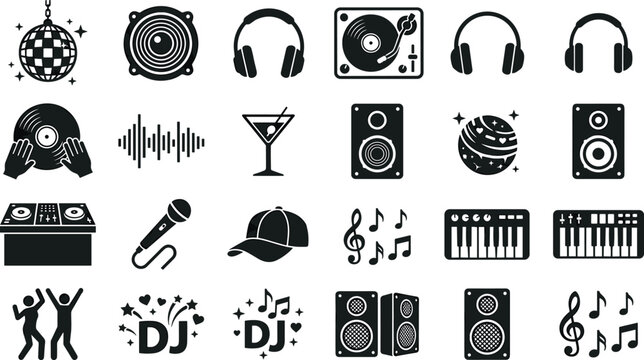 DJ night club music icon set featuring turntable headphones speaker microphone disco ball synthesizer and vinyl record vector illustration