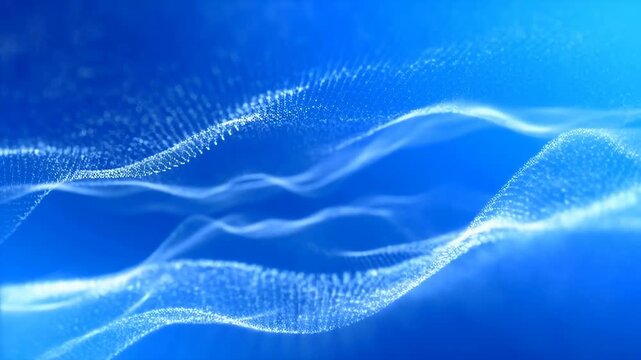 Static shot of glowing blue digital particle waves flowing and flying toward camera on blue background