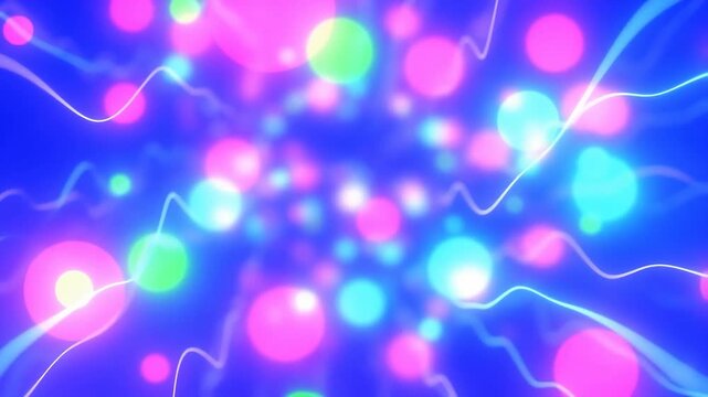 Static shot of vibrant pink cyan bokeh orbs and white light lines moving on blue purple background