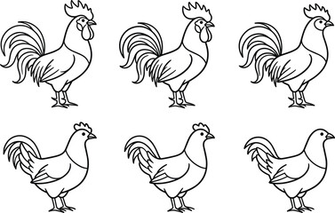 Rooster and hen outline icons collection with rustic domestic chicken farm birds profiles for agriculture industry branding design vector © MSTSABINA