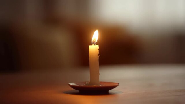 Slow zoom in shot of single white wax candle with dripping wax burning in warm dim room interior