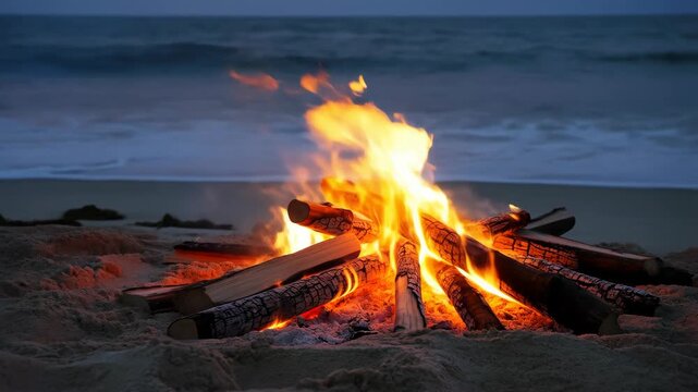 Slow zoom in shot of bright campfire burning on sandy beach at dusk with ocean waves in background